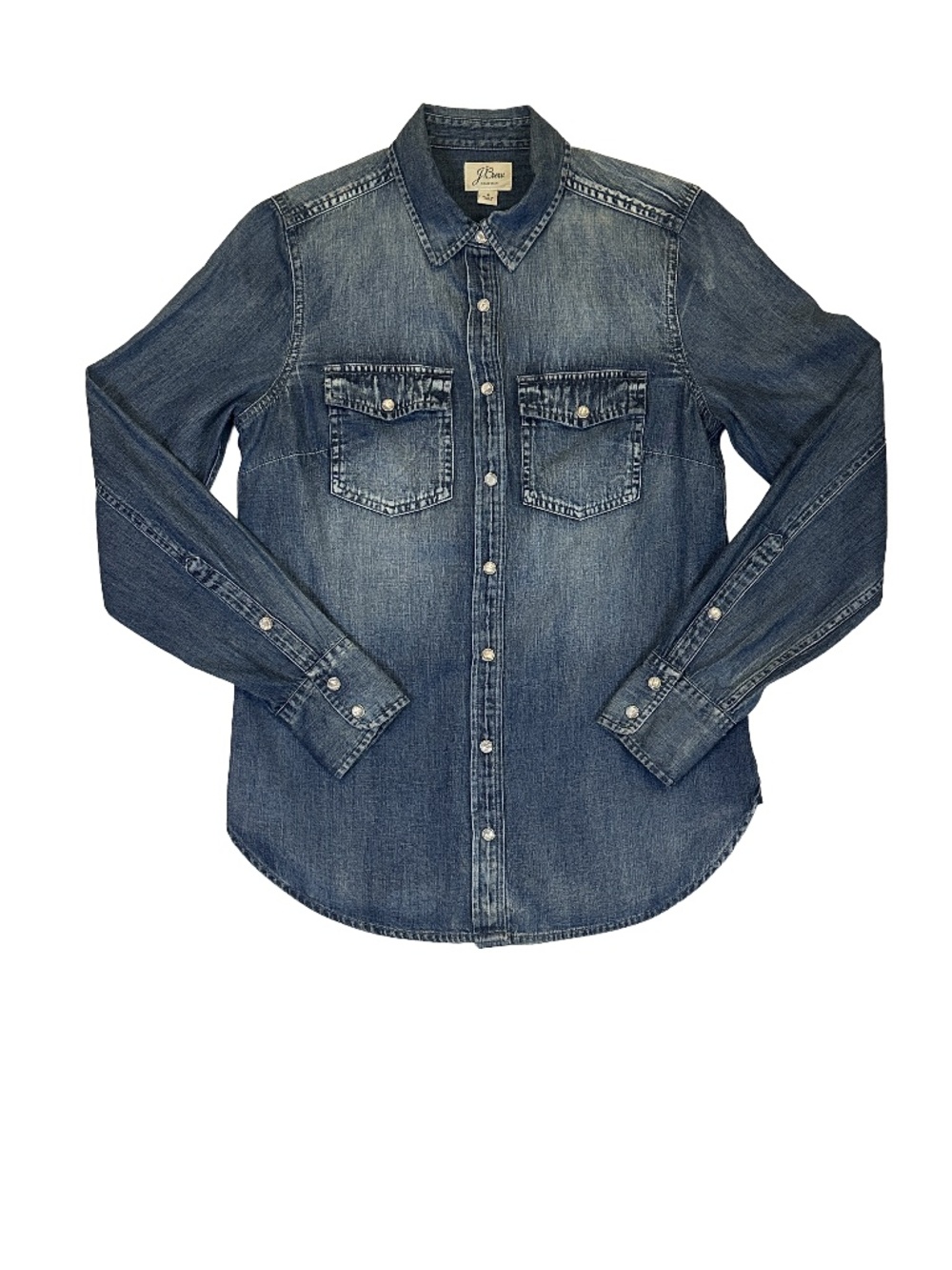 J.Crew Denim Western Shirt Size 2 Medium Wash Snap Button 100% Cotton Indigo